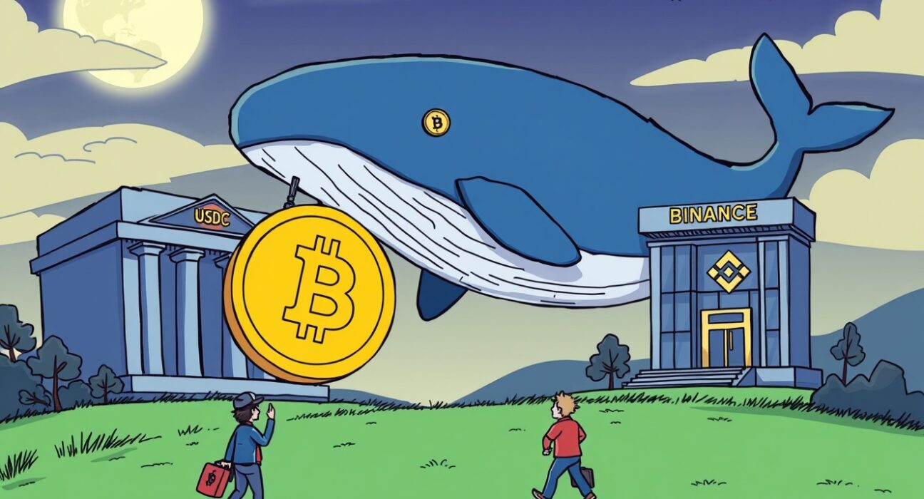 Cartoon illustration of a large USDC transfer, highlighting the scale of crypto whale movements from Binance.