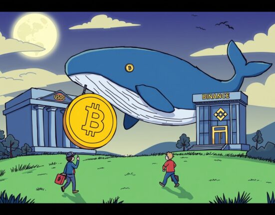 Cartoon illustration of a large whale conducting a significant USDC transfer to Binance, symbolizing major crypto market movements.