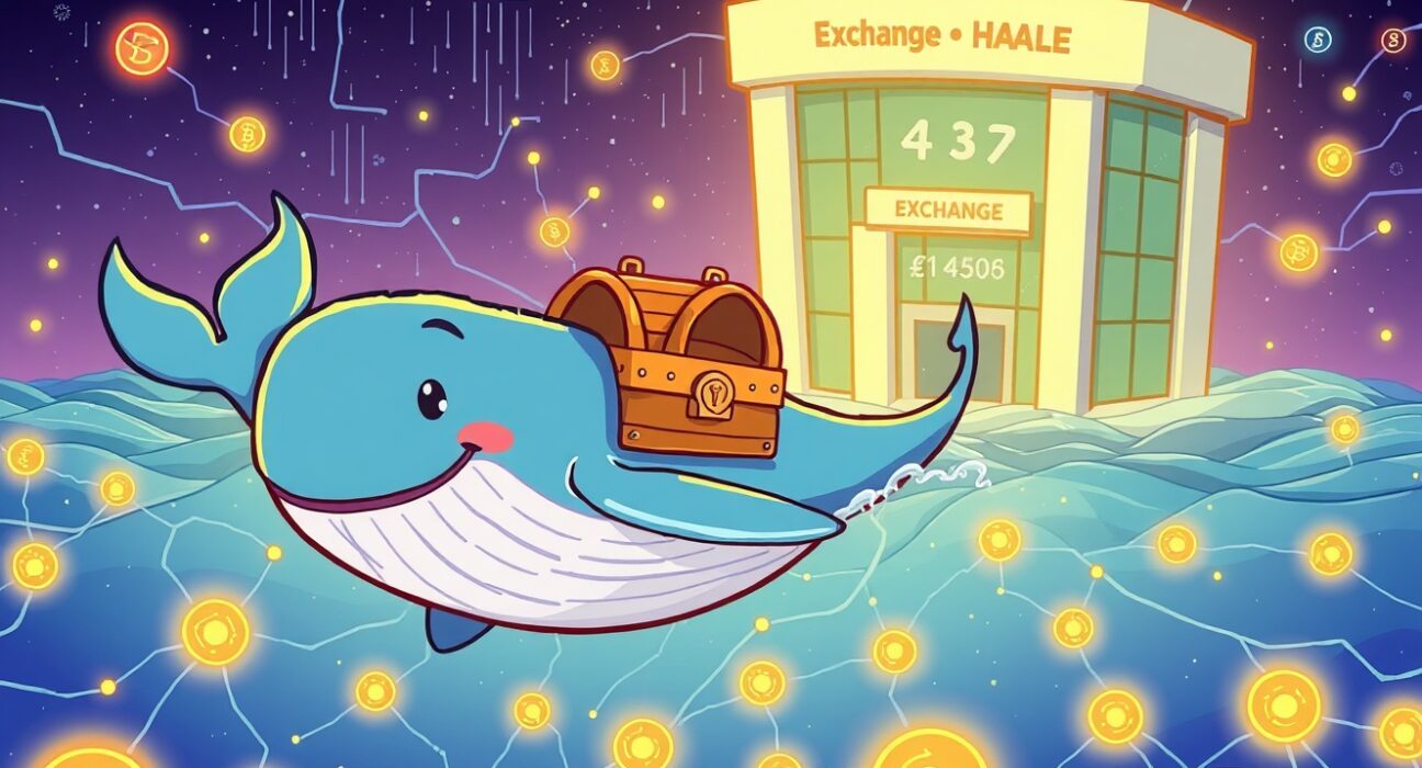 A cartoon whale symbolizing a large USDC transfer to Binance, moving value across a digital blockchain ocean.