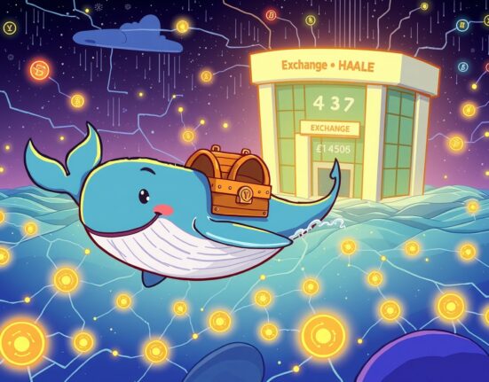 A cartoon whale symbolizing a large USDC transfer to Binance, moving value across a digital blockchain ocean.
