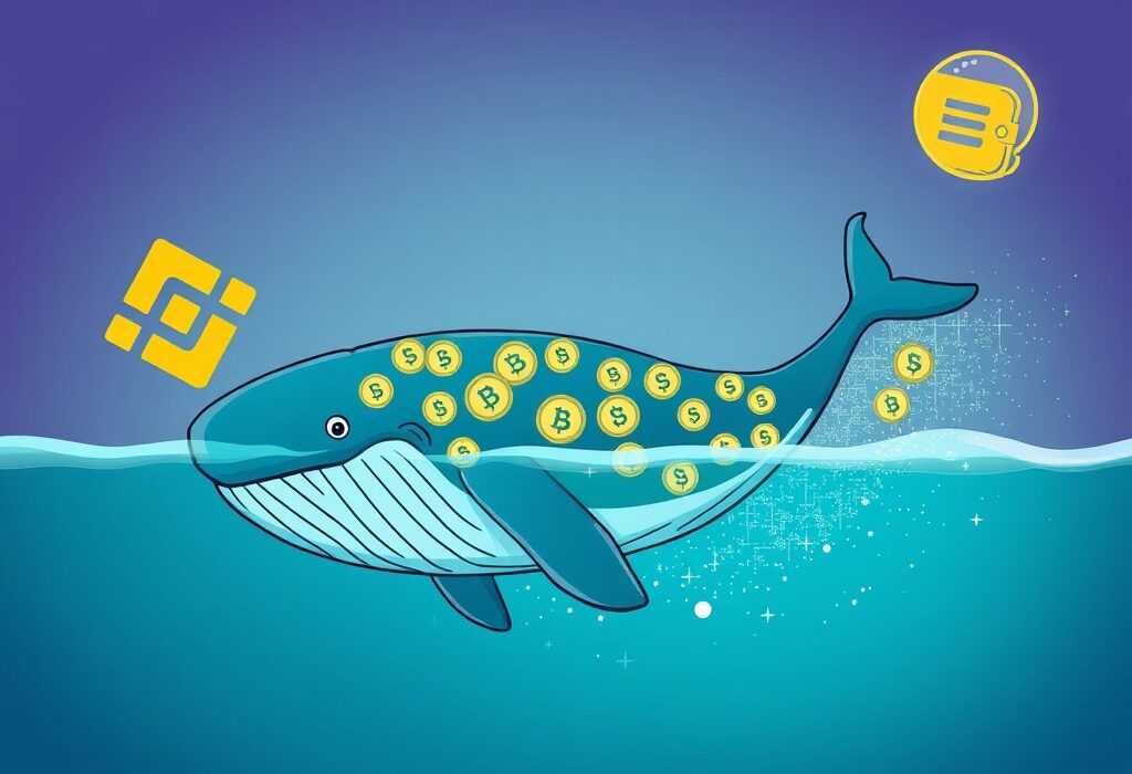 A cartoon whale made of USDC coins leaving Binance, symbolizing a massive USDC transfer and significant crypto movement.