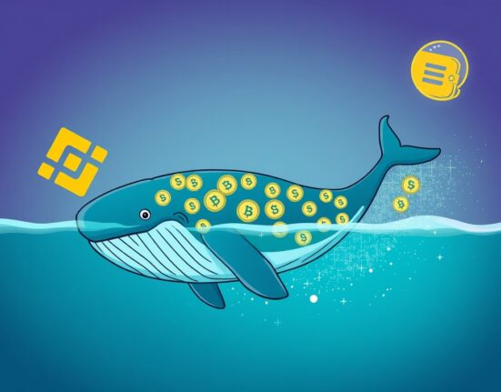 A cartoon whale made of USDC coins leaving Binance, symbolizing a massive USDC transfer and significant crypto movement.