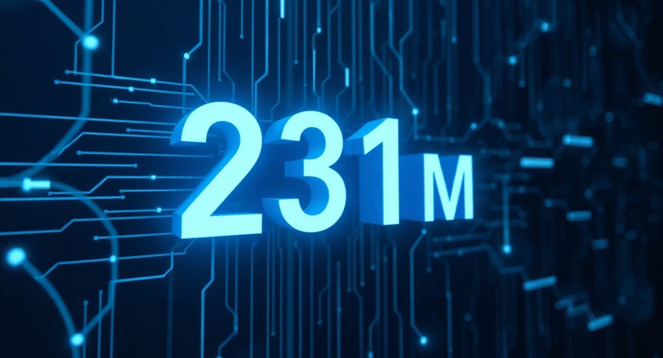Digital representation of a 231 million USDC transfer across a dark network.