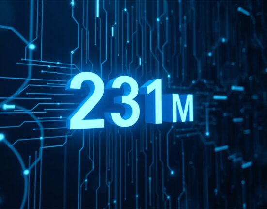 Digital representation of a 231 million USDC transfer across a dark network.