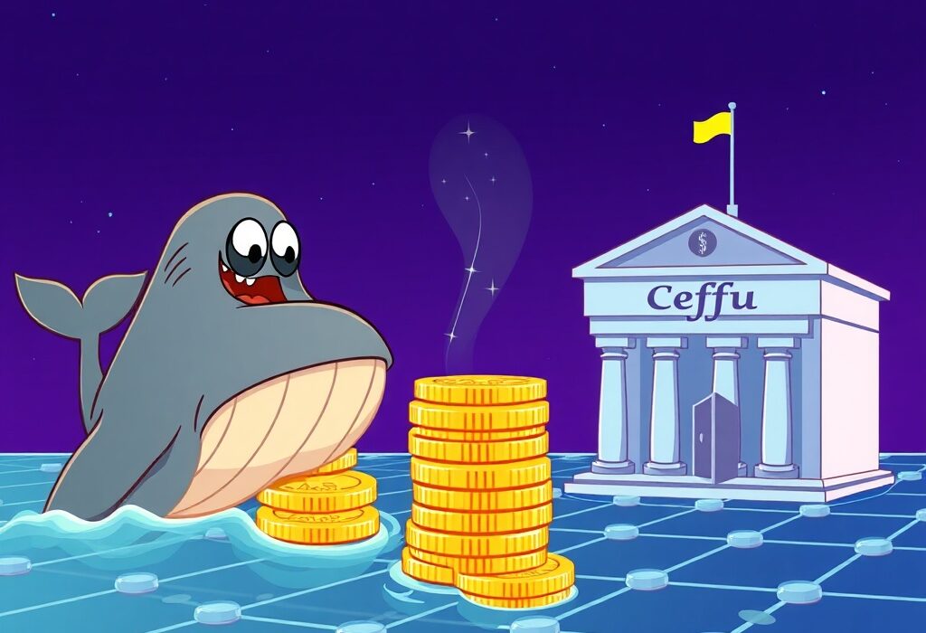 A cartoon illustration showing a large USDC transfer from a mysterious source to a secure crypto platform, symbolizing a significant financial move.