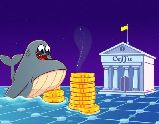 A cartoon illustration showing a large USDC transfer from a mysterious source to a secure crypto platform, symbolizing a significant financial move.