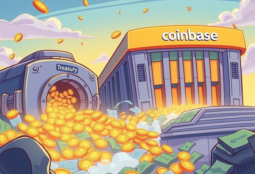 Cartoon illustration showing a significant USDC transfer of digital assets from a treasury to a crypto exchange, highlighting the large sum.