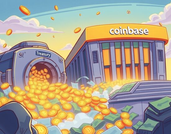 Cartoon illustration showing a significant USDC transfer of digital assets from a treasury to a crypto exchange, highlighting the large sum.