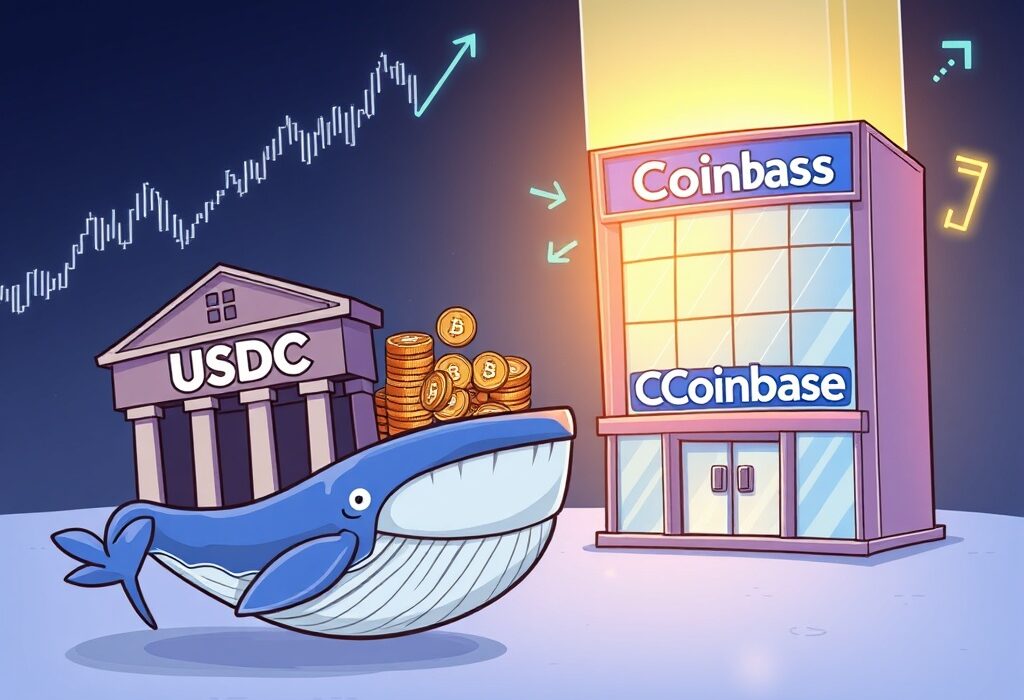 Cartoon showing a large USDC transfer between a treasury and a crypto exchange, highlighting market activity.