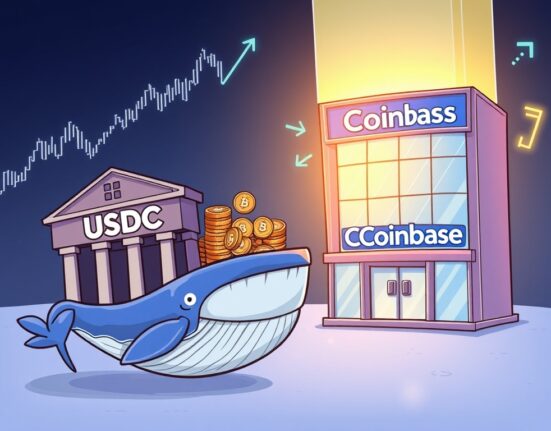 Cartoon showing a large USDC transfer between a treasury and a crypto exchange, highlighting market activity.