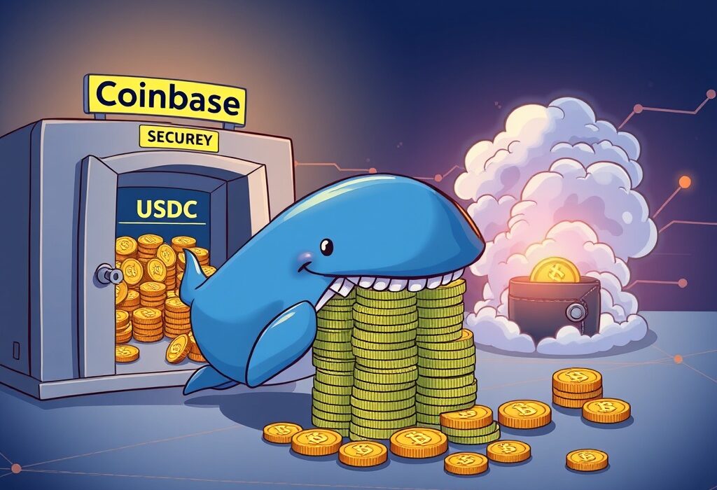 A cartoon whale overseeing a significant USDC transfer from a large institutional vault to an unknown digital destination, symbolizing a major crypto movement.