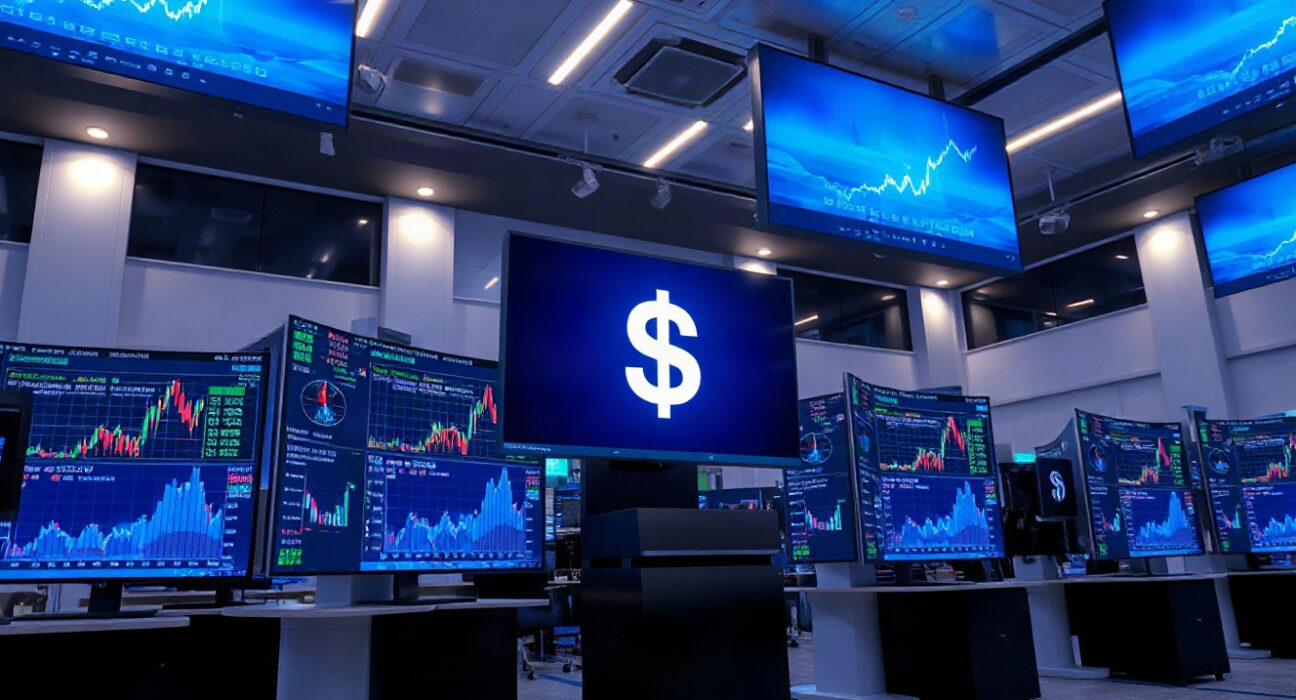 Digital dollar symbol on a screen in a modern trading environment, representing a large USDC transfer.