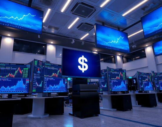 Digital dollar symbol on a screen in a modern trading environment, representing a large USDC transfer.