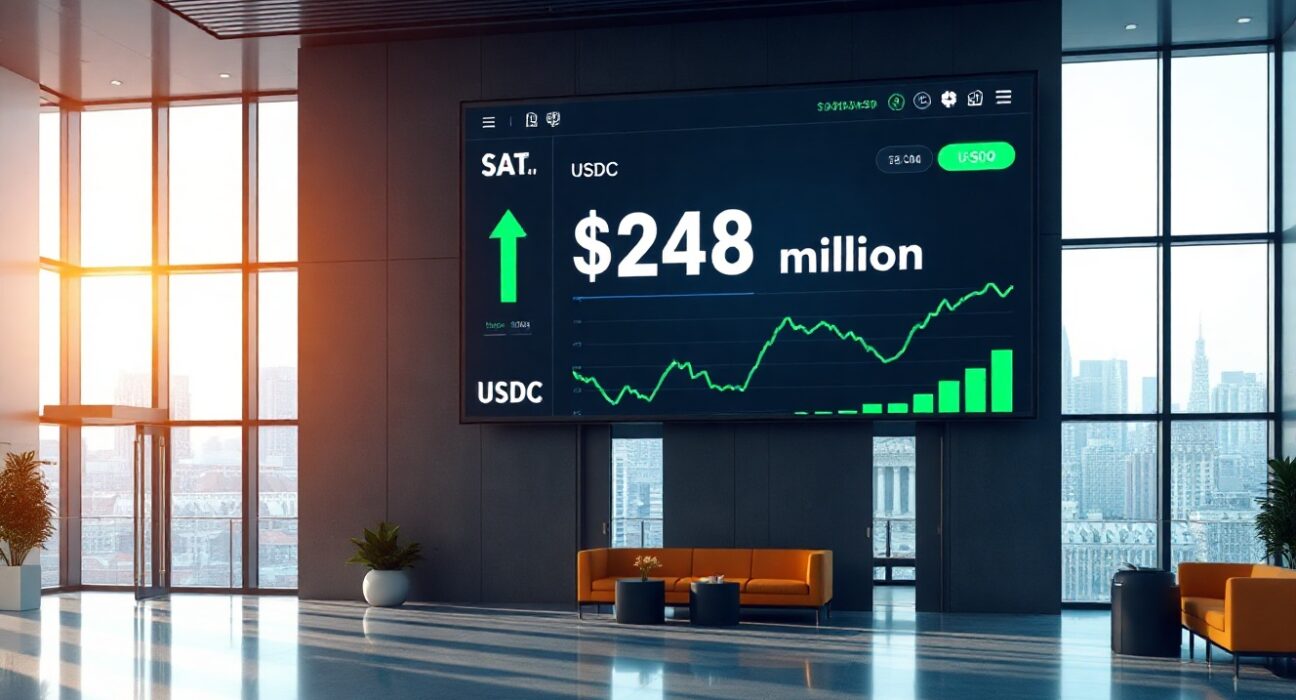 Digital screen in a financial institution lobby showing a $248 million USDC transaction
