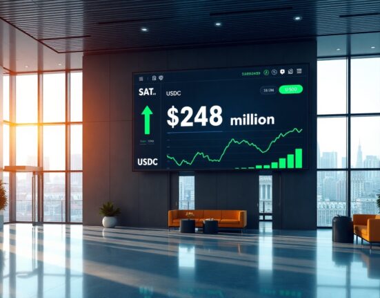 Digital screen in a financial institution lobby showing a $248 million USDC transaction