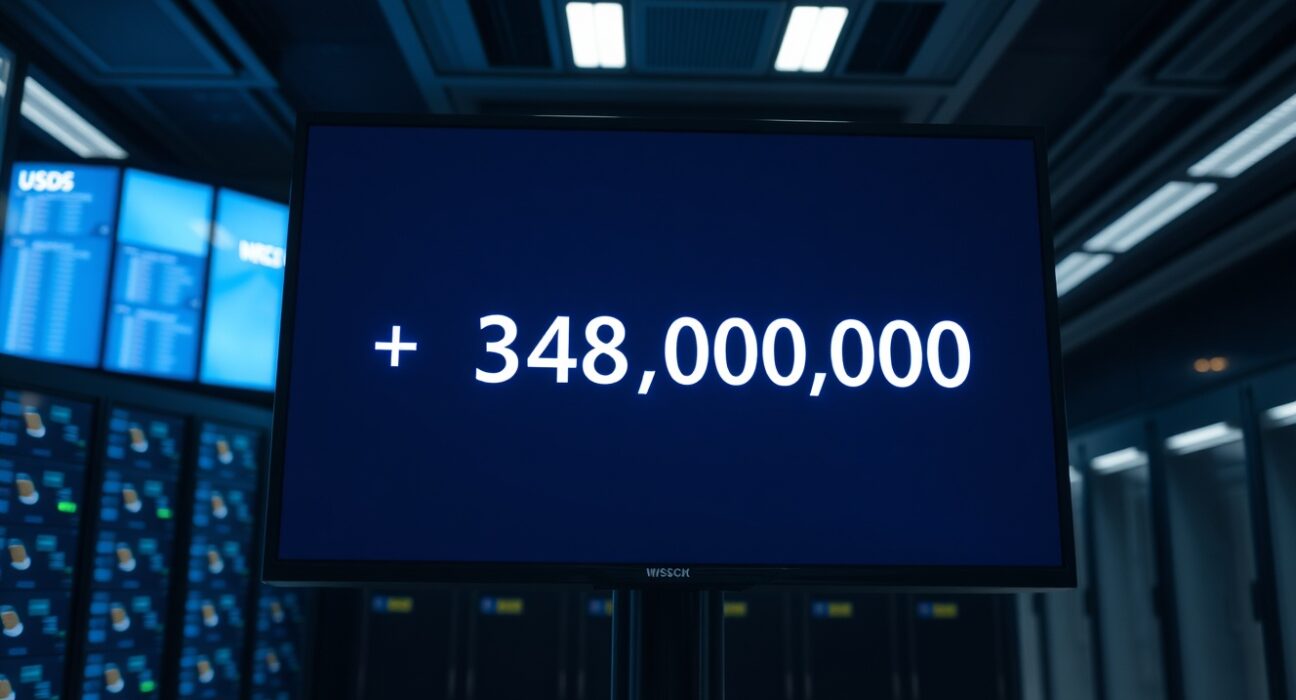 Digital display showing a 348 million USDC transaction confirmation in a professional trading environment.