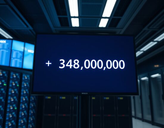 Digital display showing a 348 million USDC transaction confirmation in a professional trading environment.