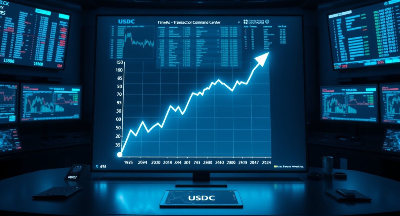 Digital screen showing a large USDC blockchain transaction spike in a professional trading environment.