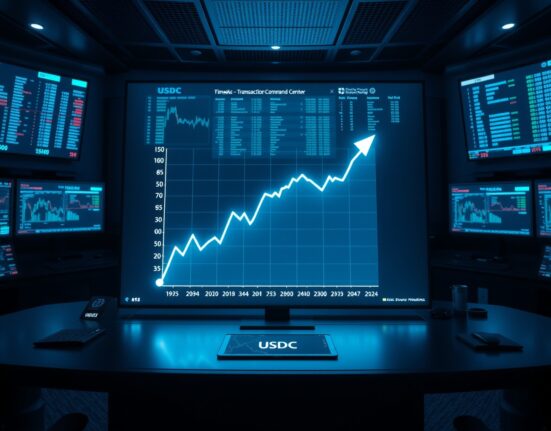 Digital screen showing a large USDC blockchain transaction spike in a professional trading environment.