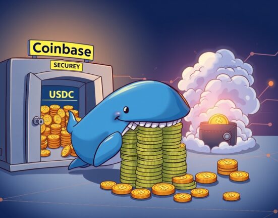 A cartoon whale overseeing a significant USDC transfer from a large institutional vault to an unknown digital destination, symbolizing a major crypto movement.
