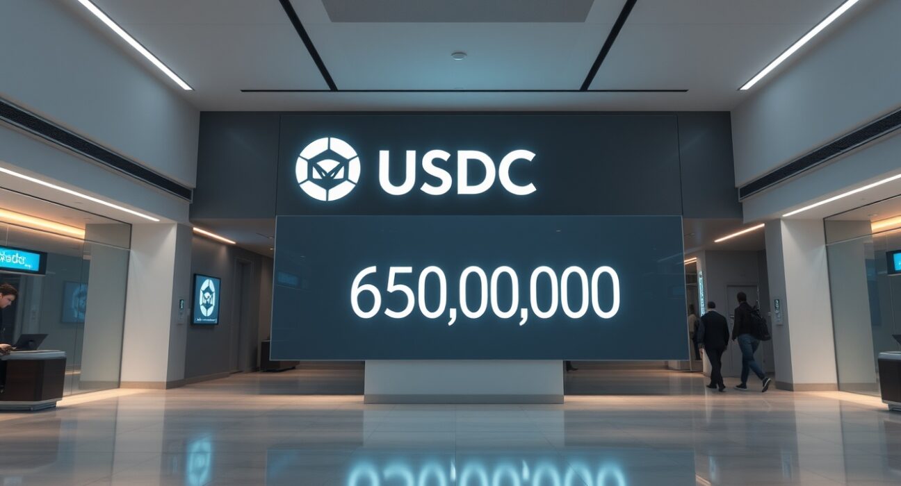 Digital display showing a large USDC transfer amount in a modern financial setting.