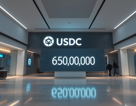 Digital display showing a large USDC transfer amount in a modern financial setting.