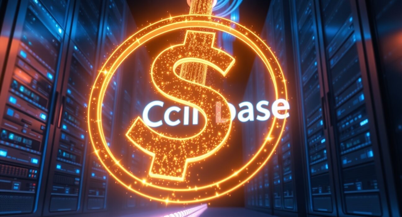 Digital illustration of a large USDC transfer moving through a data center network to Coinbase.