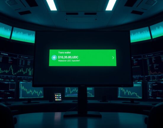 Large USDC transfer displayed on a trading room monitor with blockchain data