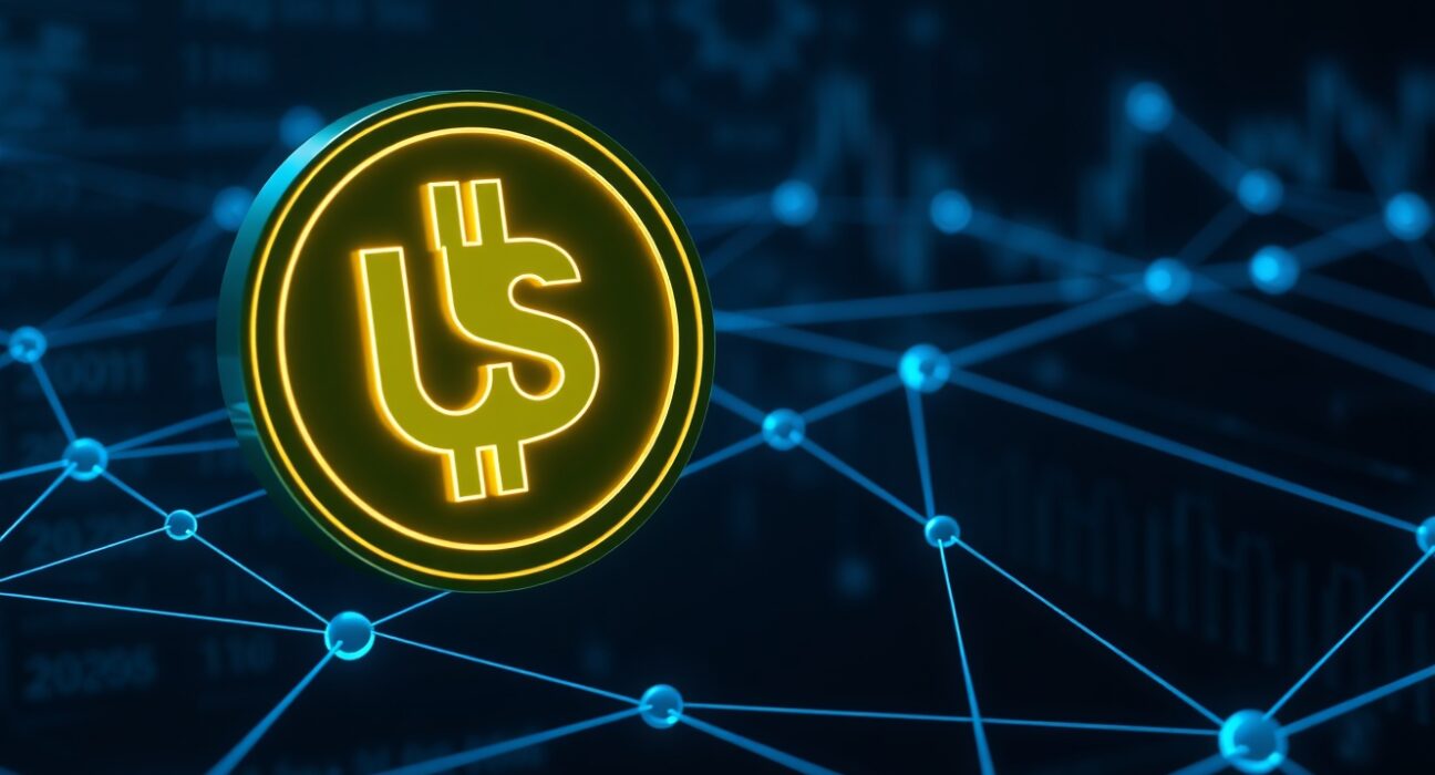 Digital representation of a large USDC stablecoin transfer on a blockchain network visualization.