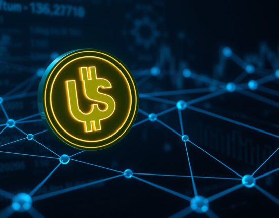 Digital representation of a large USDC stablecoin transfer on a blockchain network visualization.