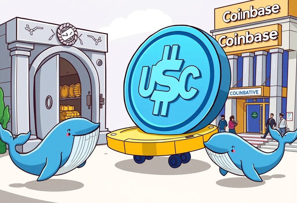 Cartoon illustration of a significant USDC transfer from a treasury to an exchange, symbolizing major crypto market movement.