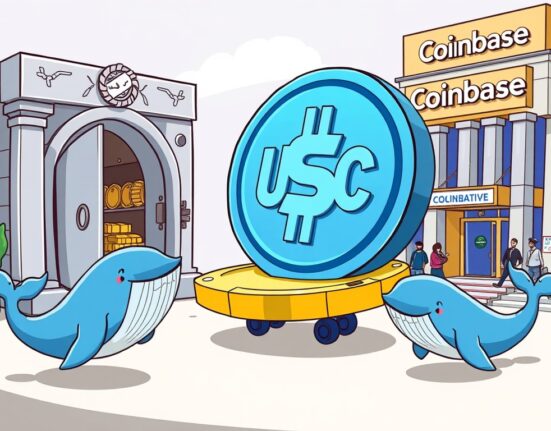 Cartoon illustration of a significant USDC transfer from a treasury to an exchange, symbolizing major crypto market movement.