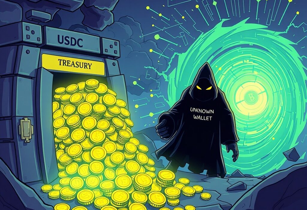 Cartoon illustration showing a large USDC transfer from a treasury vault to an unknown, mysterious destination, highlighting a significant crypto whale transaction.