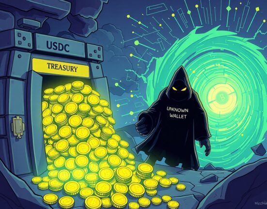Cartoon illustration showing a large USDC transfer from a treasury vault to an unknown, mysterious destination, highlighting a significant crypto whale transaction.