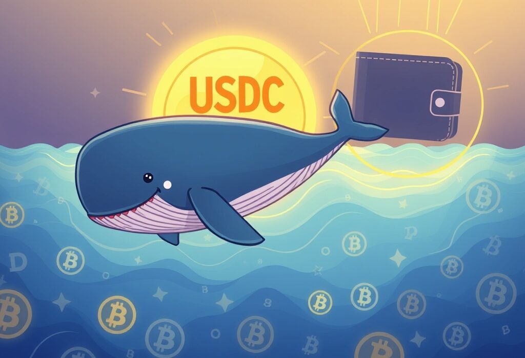 A cartoon illustration of a giant whale carrying a large bag of USDC coins, symbolizing a massive USDC transfer in the crypto ocean.