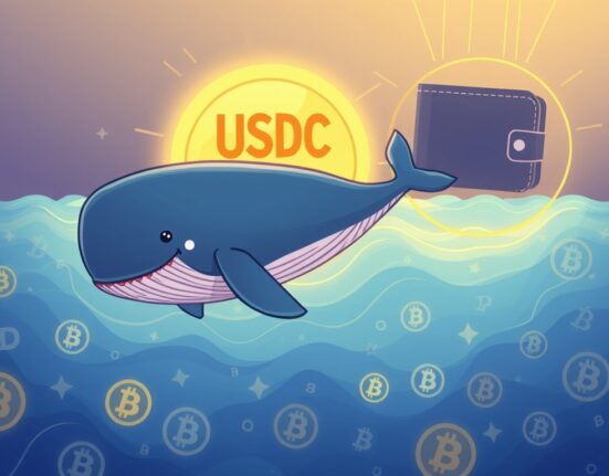 A cartoon illustration of a giant whale carrying a large bag of USDC coins, symbolizing a massive USDC transfer in the crypto ocean.