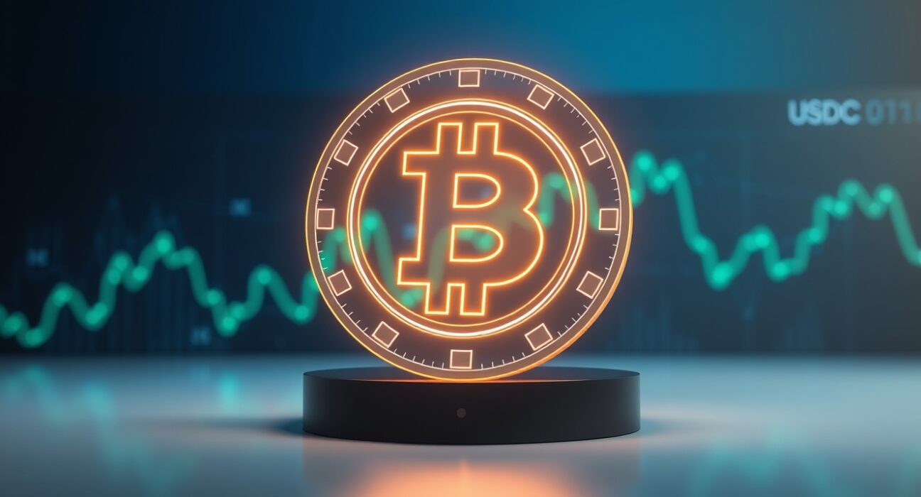 Illustration of a large USDC stablecoin transaction with a glowing coin icon and digital financial data background.