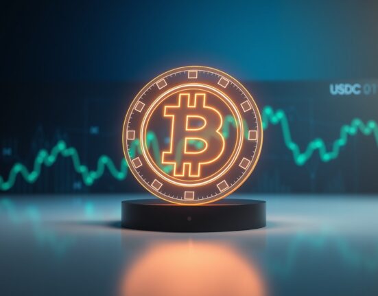 Illustration of a large USDC stablecoin transaction with a glowing coin icon and digital financial data background.