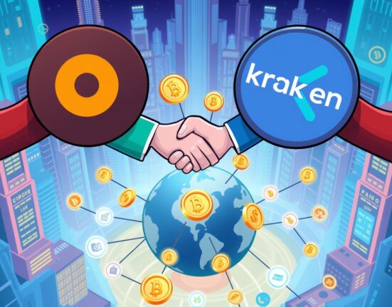 Cartoon illustration depicting the powerful expansion of **USDC utility** through a new strategic partnership between two major crypto platforms.