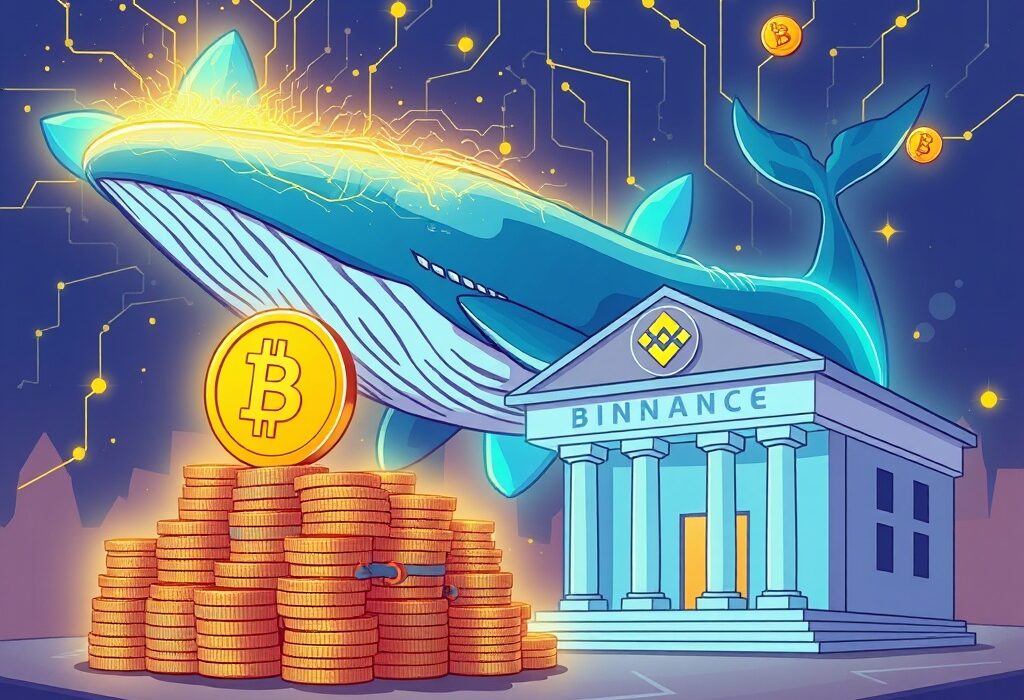 Cartoon illustration of a colossal USDC whale transfer to Binance, symbolizing a major crypto market event.
