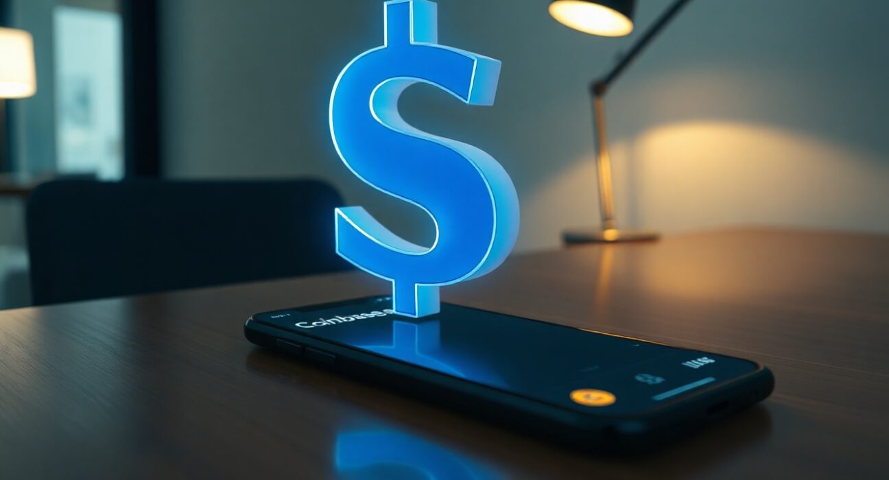 Blue digital dollar sign over a smartphone showing Coinbase interface, representing a large USDC transfer