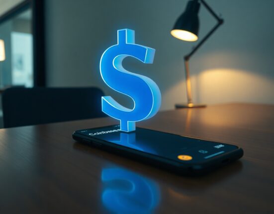 Blue digital dollar sign over a smartphone showing Coinbase interface, representing a large USDC transfer
