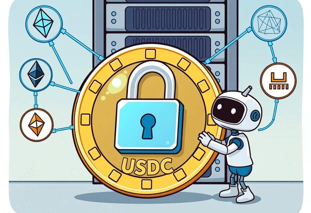 Cartoon image depicting a temporary halt of USDC withdrawals on a crypto exchange due to essential network maintenance.