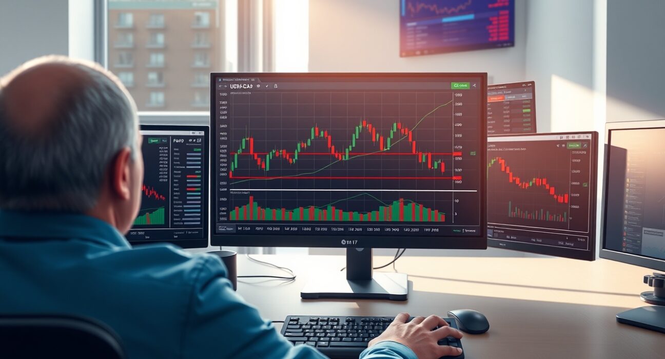 Professional forex trading desk analyzing USDCAD currency pair charts with Scotiabank technical analysis