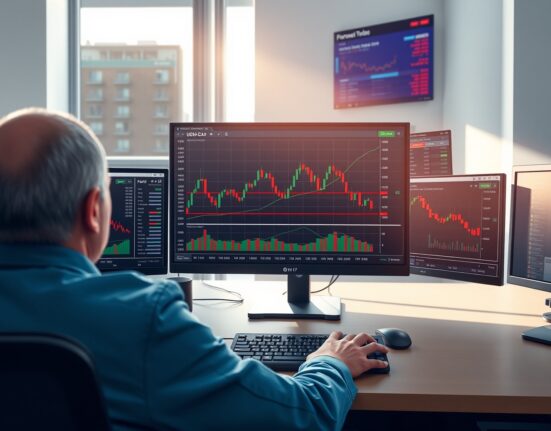 Professional forex trading desk analyzing USDCAD currency pair charts with Scotiabank technical analysis