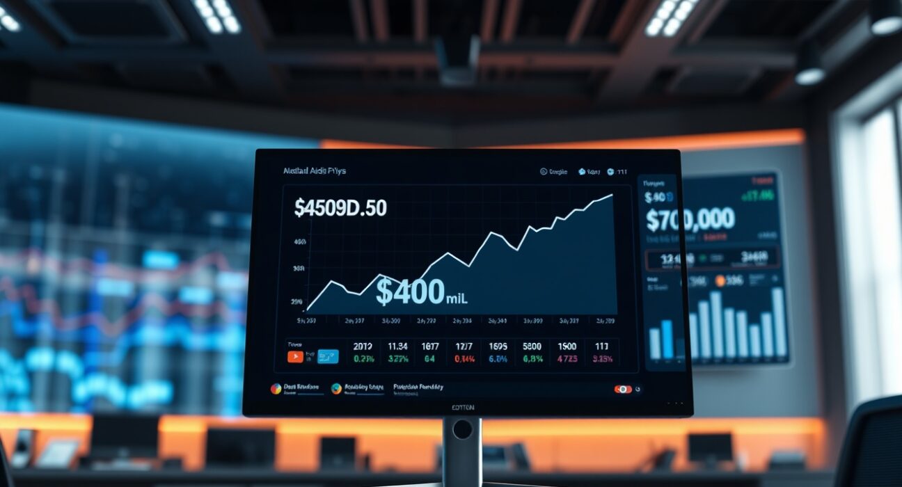 Digital dashboard showing USDD TVL surpassing $400 million on Just protocol, with upward trend graph