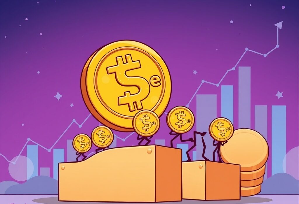 A cartoon illustration of the USDe stablecoin dramatically rising in value, symbolizing its rapid climb to become the third-largest stablecoin.