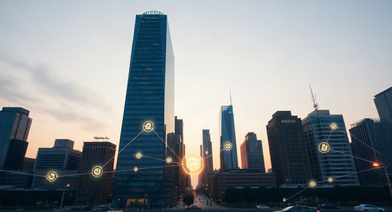USDG stablecoin DeFi deposits growth represented by digital network over financial district