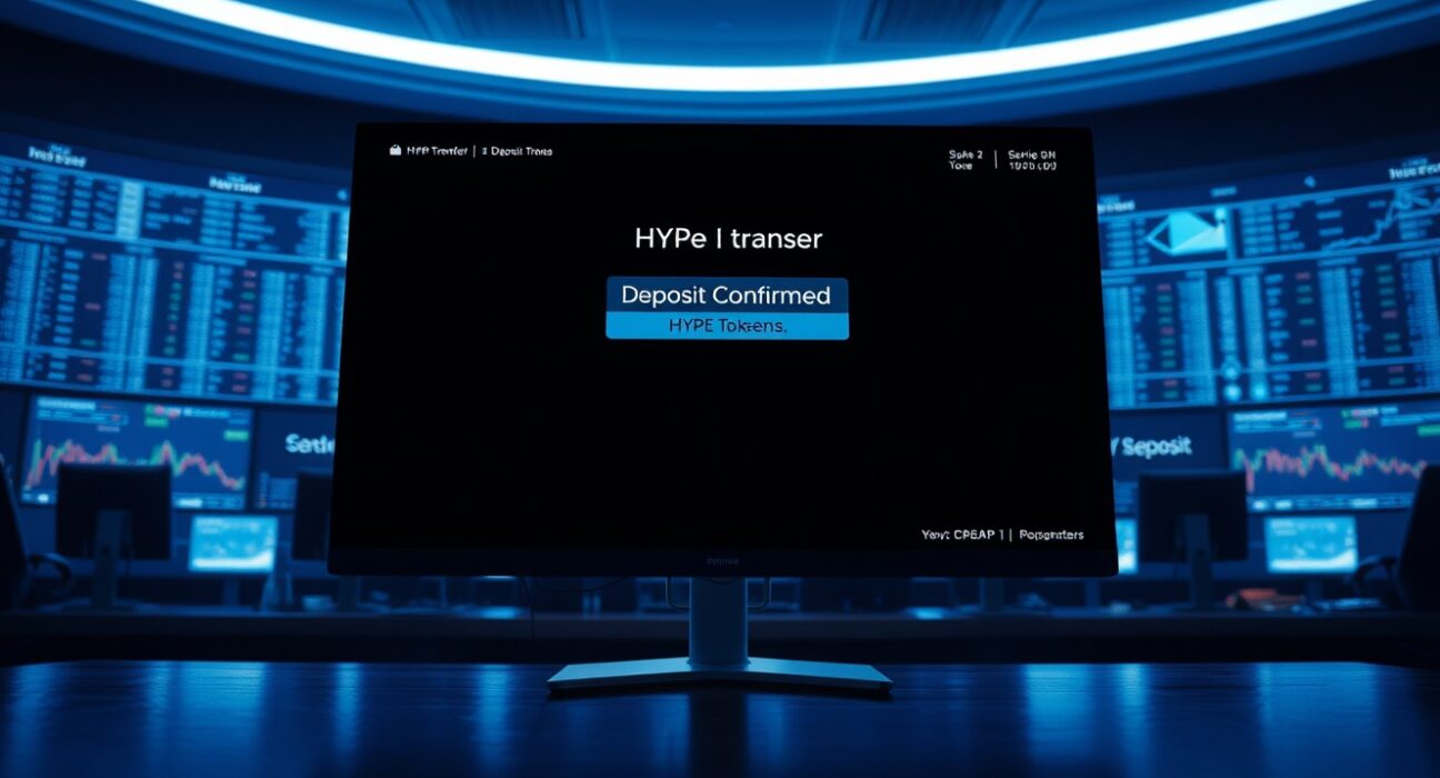A cryptocurrency trading monitor showing a large HYPE token deposit to Coinbase.