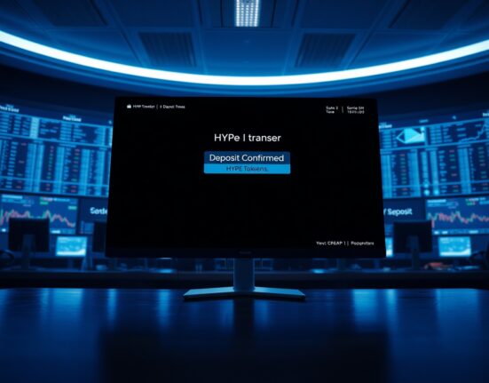 A cryptocurrency trading monitor showing a large HYPE token deposit to Coinbase.